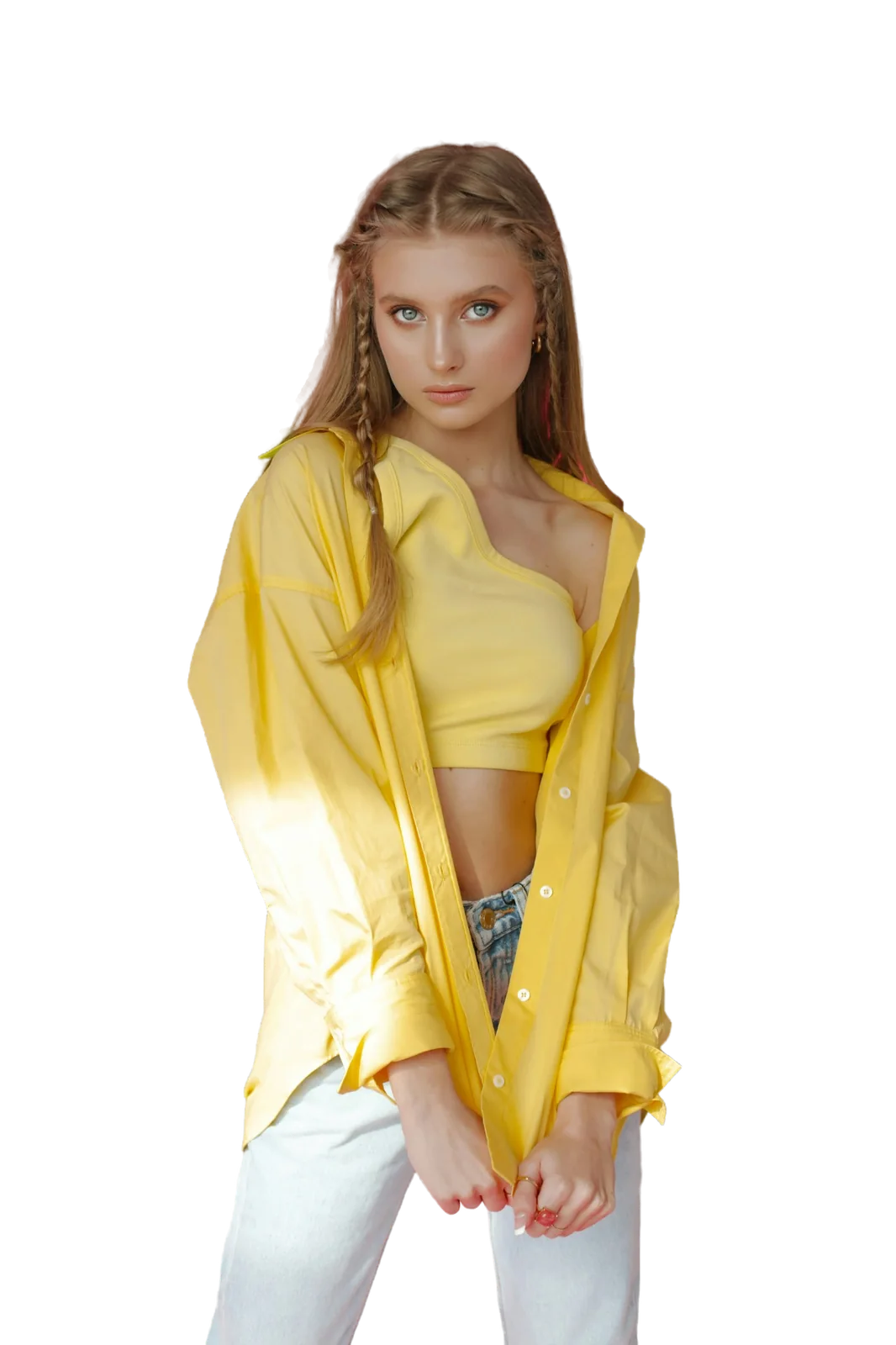 The same woman cut out on the transparency checker, the loose strands and the braids kept, the pink backdrop gone